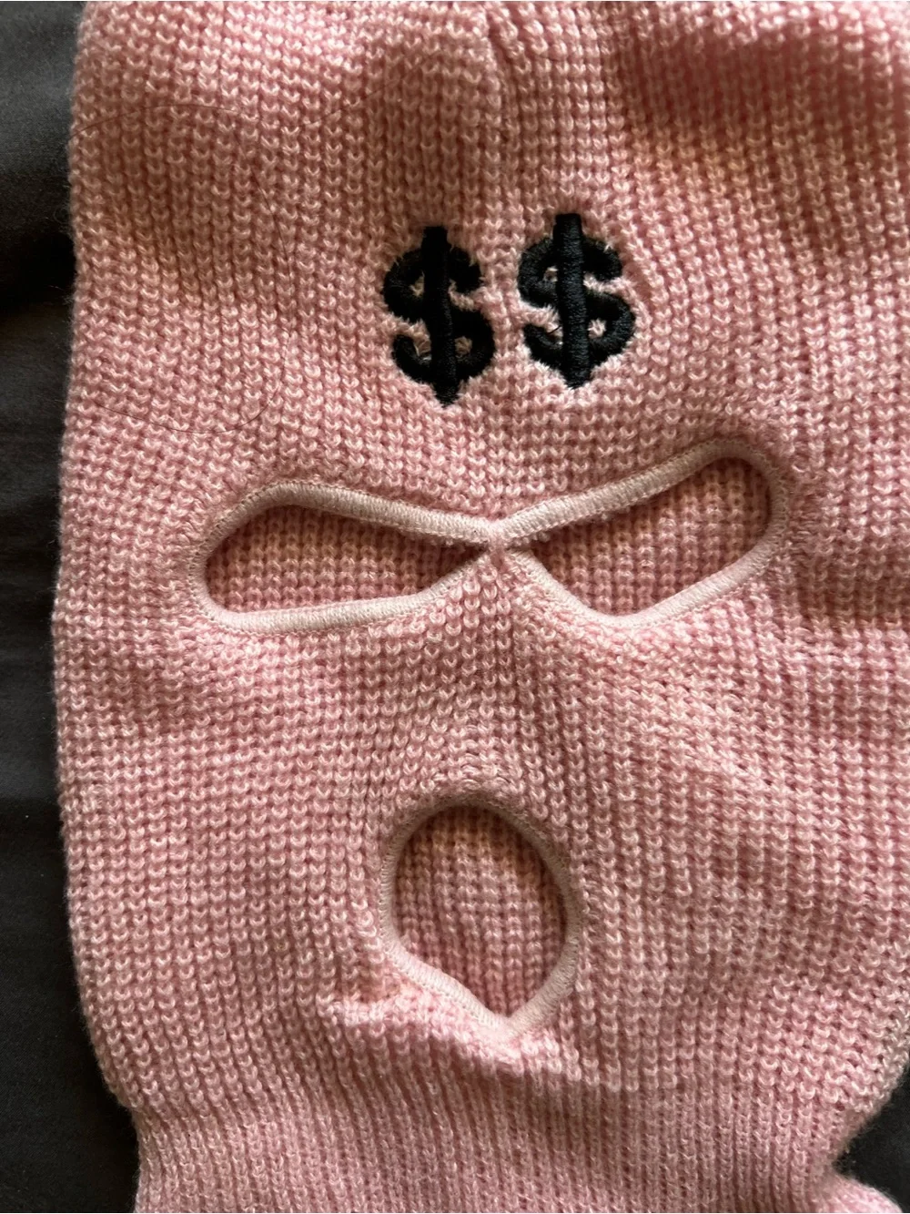 Pink Knit Ski Mask Face Cover with Embroidered Dollar Signs